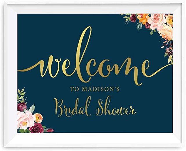 Andaz Press Personalized Wedding Party Signs, Navy Blue Burgundy Florals with Metallic Gold Ink, 8.5x11-inch, Welcome to Madison's Bridal Shower Sign, 1-Pack, Colored Fall Autumn Decorations, Custom Photo