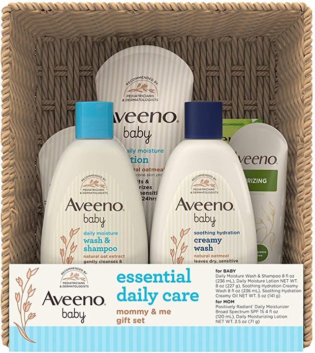 Aveeno Baby Essential Daily Care Baby & Mommy Gift Set Featuring a Variety of Skin Care and Bath Products to Nourish Baby and Pamper Mom, Baby Gift for New and Expecting Moms, 7 Items Photo