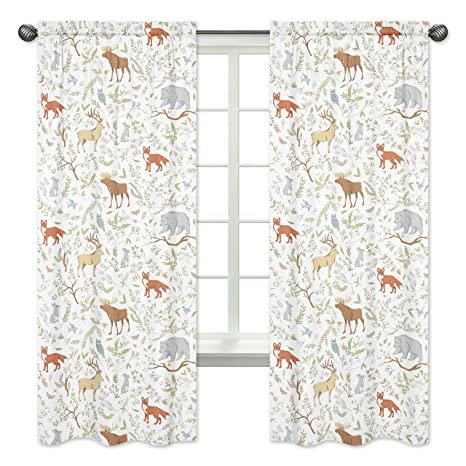 Blue, Grey and White Woodland Deer Fox Bear Animal Toile Girl or Boy Bedroom Decor Window Treatment Panels - Set of 2 JPG