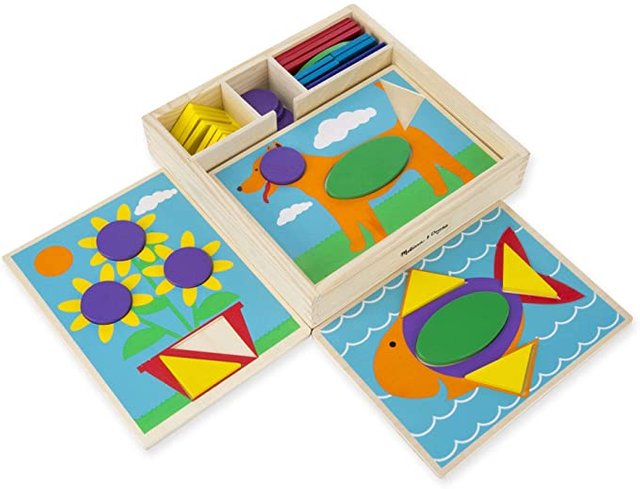 Melissa & Doug Beginner Wooden Pattern Blocks Educational Toy With 5 Double-Sided Scenes and 30 Shapes Picture