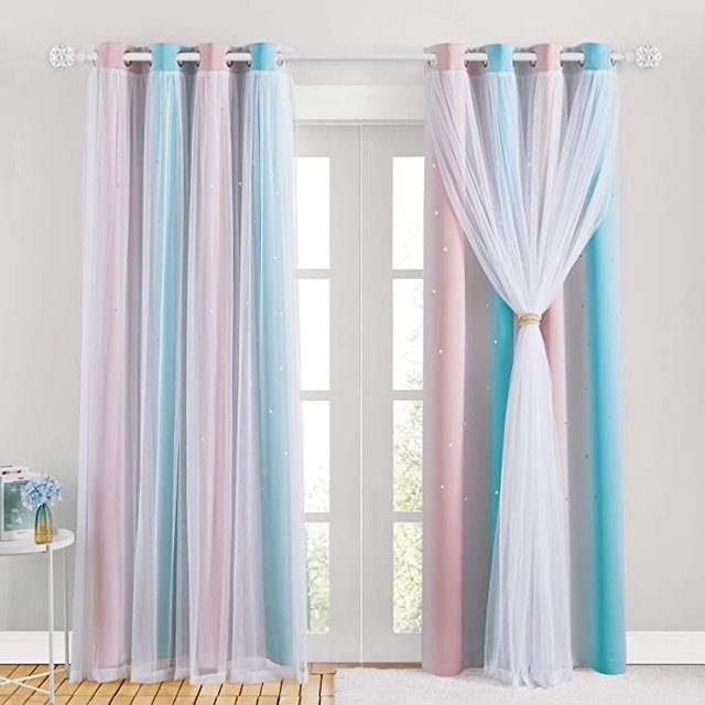 NICETOWN Kids Curtains, Nursery Decor for Girls, Tulle x Blackout Star Cutouts Curtains, Free Tie-Backs, Cute Window Drapes for Nursery Baby Bedroom (Pink & Blue, Pack of 2, Total is 104-inch Wide) Picture