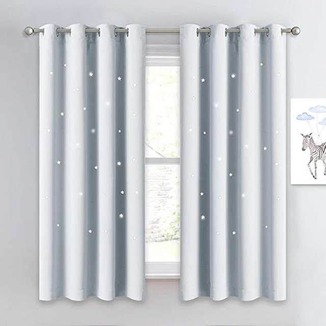 NICETOWN Room Darkening Curtain Panel - Kids Curtains Drape with Twinkle Hollow Star Laser Cut Out Design Window Treatment for Nursery/Kid's Bedroom (1 Panel,52W x 63L, Greyish White) JPG