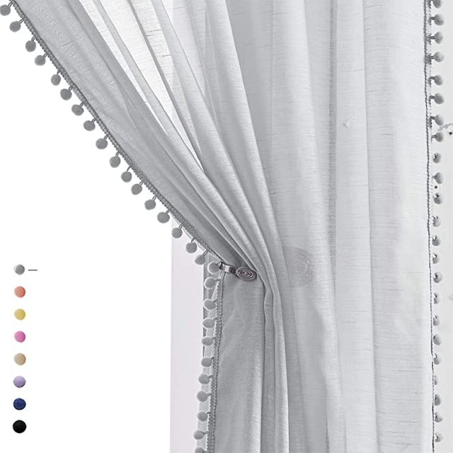 Treatmentex Grey Sheer Window Curtains for Living Room 95 inches Pom-Pom Canopy for Children Bedroom Rod Pocket 2Pack Photo