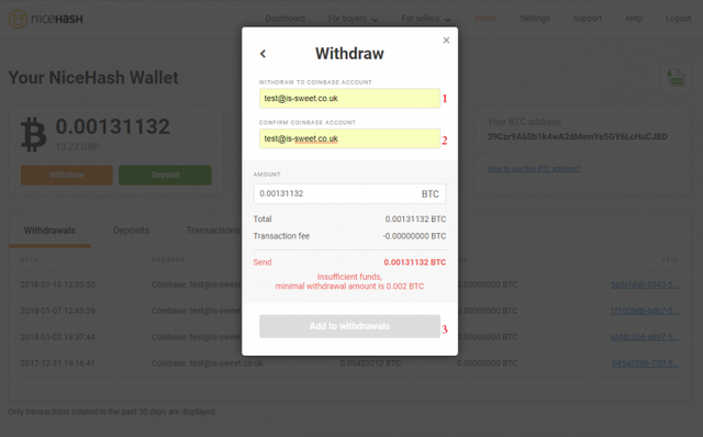 NiceHash Withdraw Coinbase Confirm
