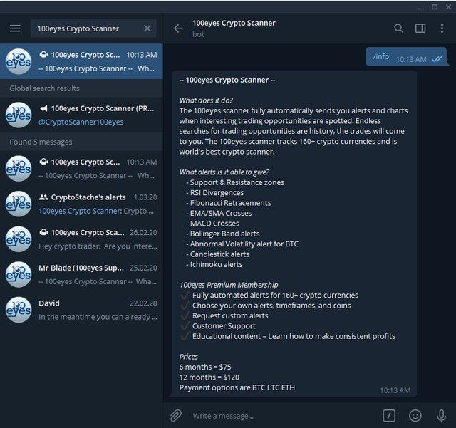 100eyes crypto alerts scanner telegram technical analysis