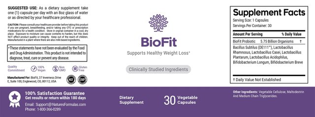 BioFit Probiotic Ingredients Label