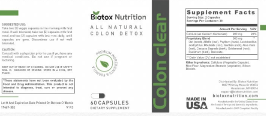 Biotox Gold Ingredients Label