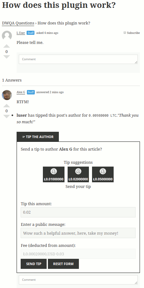 The Tip the Author extension for Bitcoin and Altcoin Wallets with DW Question & Answer integration