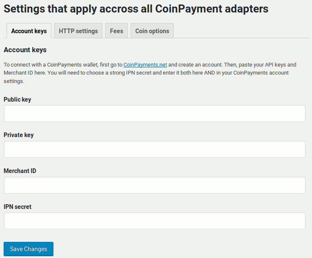 CoinPayments adapter connection settings