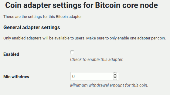 Bitcoin code node adapter settings page
