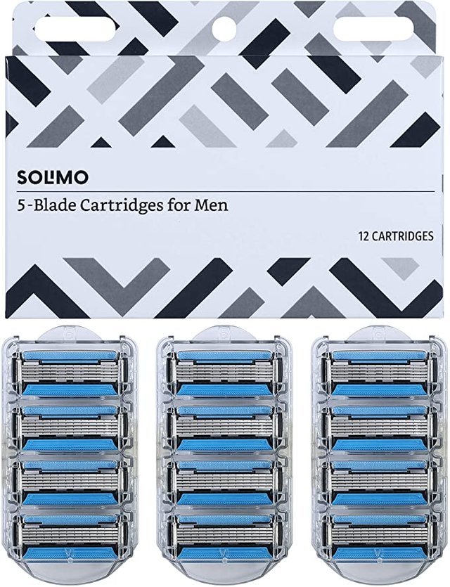 Amazon Brand - Solimo 5-Blade Razor Refills for Men with Dual Lubrication and Precision Beard Trimmer, 12 Cartridges (Fits Solimo Razor Handles only) Photo