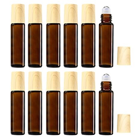 AMMAX Essential Oil Roller Bottles, 10ml Roll on bottle with Stainless Steel Balls, 12 Pack Portable Refillable Clear Perfume Sample Bottles, Opener and Dropper included (10ml-Amber) Picture