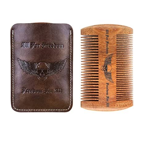 Beard Comb Kit with Real Leather Case Wooden Handmade Gifts for Men Super Cool Skull Wings Design Gifts for Dad Mustache Comb for Beard Care & Grooming (1 Pack) Photo