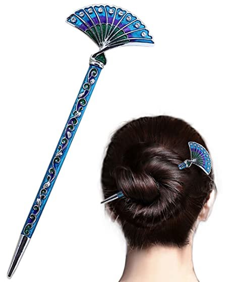 LiveZone Fashion Hair Decor Chinese Traditional Style Women Girls Hair Stick Hairpin Hair Making Accessory with Fan Shaped,Blue JPG