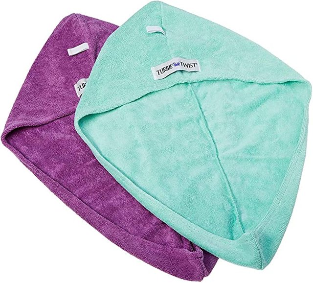 Turbie Twist Super Absorbent Microfiber Hair Towel Wrap - Hands Free Hair Drying Towel - 2 Pack (Aqua, Purple) Photo