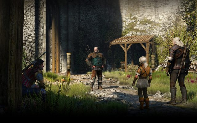 The Witcher 3 characters Geralt, Young Ciri and Vesemir in a grassy courtyard with stables around them.