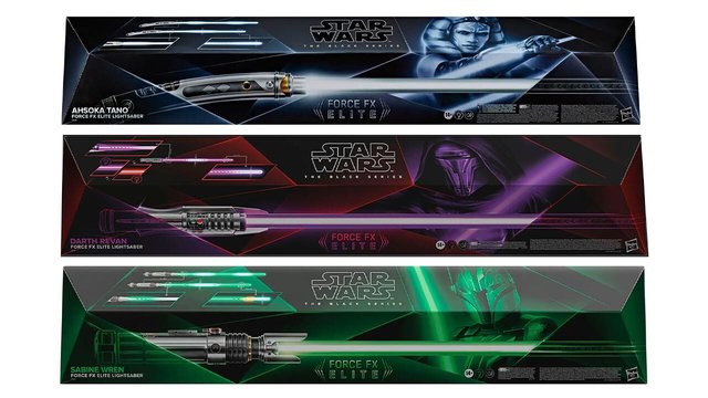 Ahsoka Tano, Darth Revan, and Sabine Wren lightsabers from Hasbro.