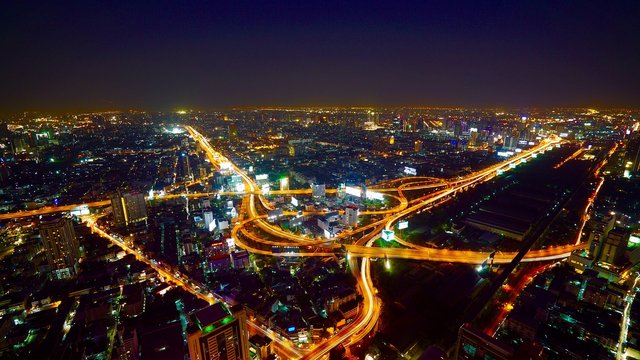 aerial bangkok city night traffic