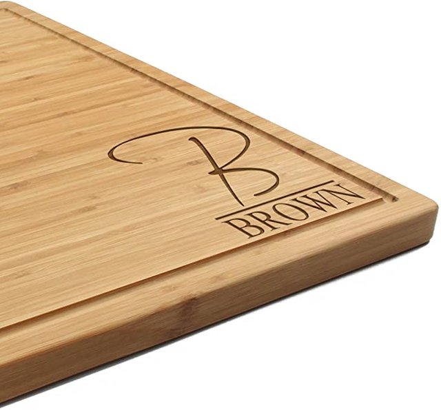 BambooMN Custom Laser Engraved Bamboo Cutting Board - Letter Script Monogram Thin - 2 Pieces - 24" x 18" x 1.5" (Grooved) Photo