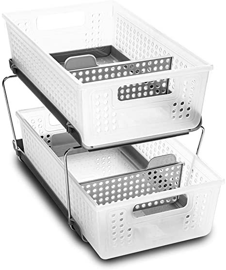 madesmart 2-Tier Organizer Bath Collection Slide-out Baskets with Handles, Space Saving, Multi-purpose Storage & BPA-Fre, Large, Frost-with Dividers Picture