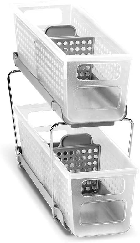 madesmart 2-Tier Organizer Bath Collection Slide-out Baskets with Handles, Space Saving, Multi-purpose Storage & BPA-Free, Mini, Frost-With Dividers Picture