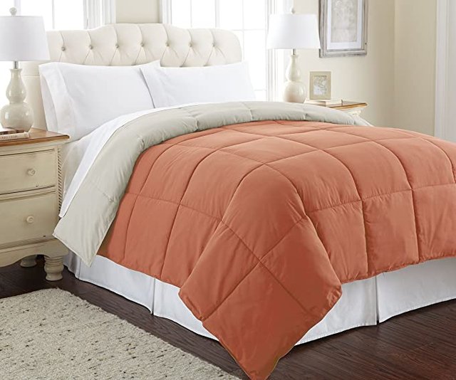 Modern Threads Down Alternative Microfiber Quilted Reversible Comforter/Duvet Insert Ultra Soft Bedding-Medium Warmth for All Seasons, Full/Queen, Orange Rust/Oatmeal JPG