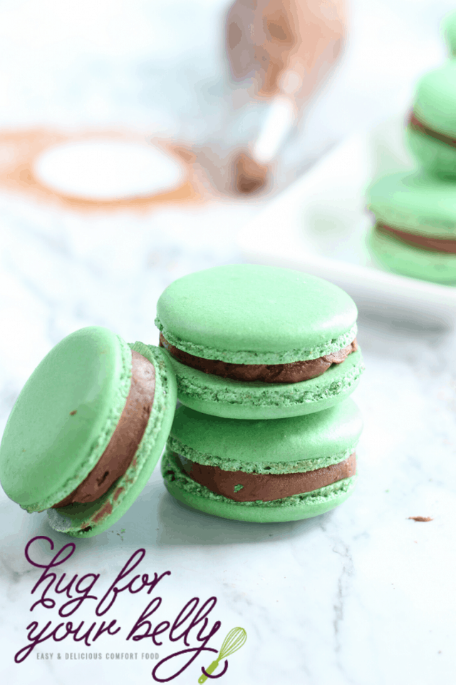3 chocolate mint French macarons stacked
