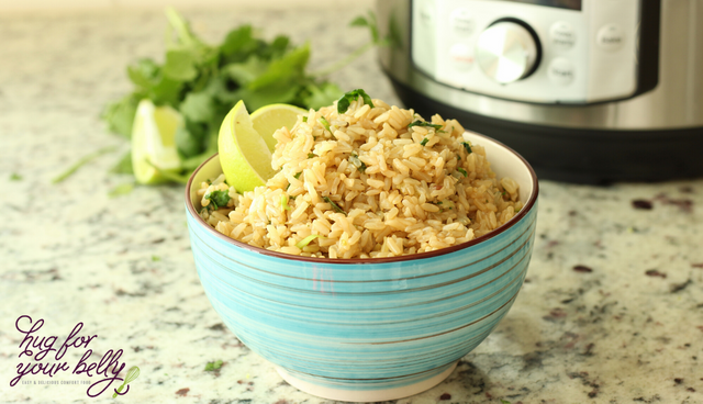 cilantro lime rice in blue bowl