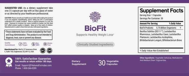 Bio Fit Ingredients Label