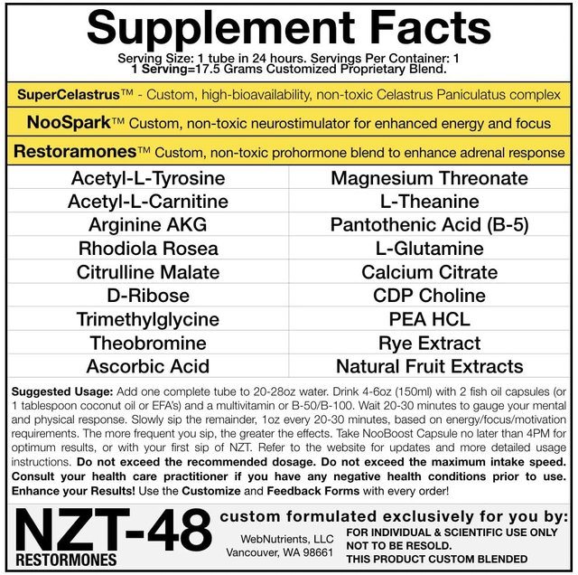 NZT-48 Ingredients Label