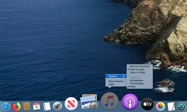 Mac Dock showing Open at Login option