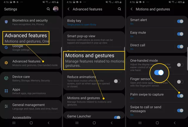 Advanced features, Motions and gestures, and Palm swipe to capture toggle ON in Samsung settings