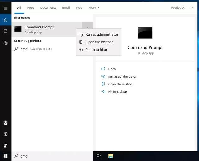 Screenshot of Windows 10 Start menu access to CMD prompt app, with 