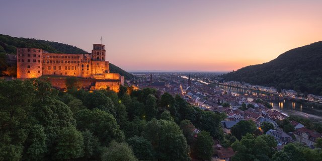 Twilight scene from Heidelberg with the castle lit up