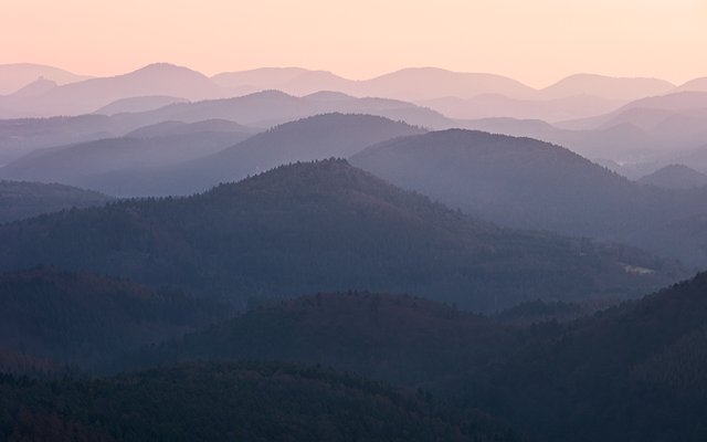 Layers of mountians in the Palatinate Forest in soft morning light