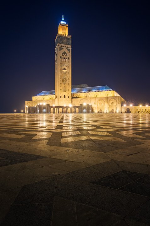 The Hassan II Mosque in Casablanca during blue hour