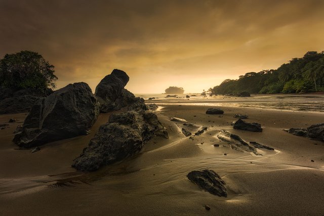 Golden sunrise light at the pacific coast of colombia near Nuqui