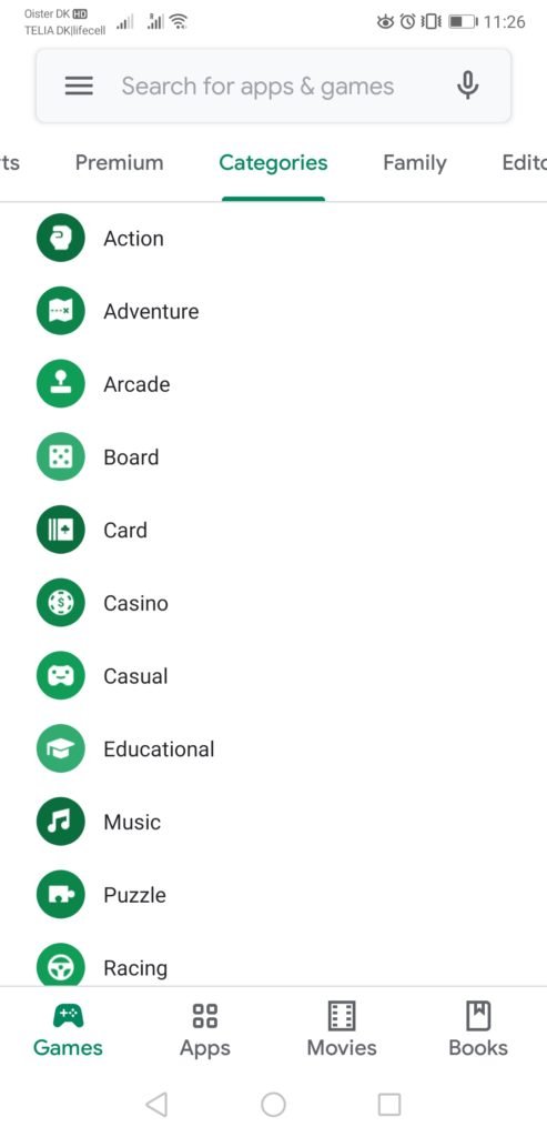 game categories in Google Play