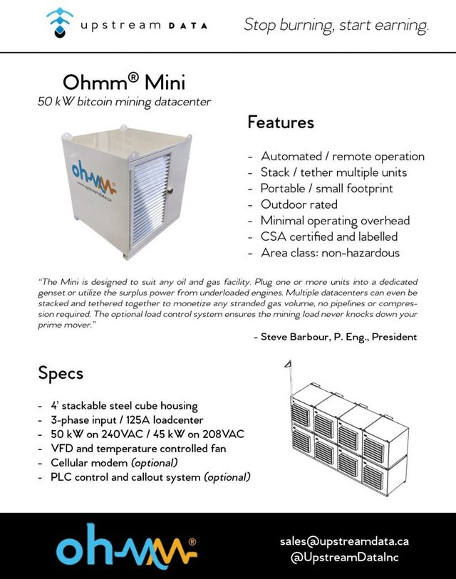 Ohmm Datacenter Updstream Data natural gas mining hardware