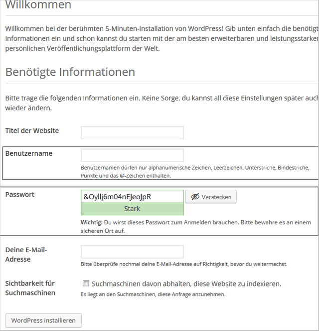 Individueller Benutzername und starkes Passwort in WordPress