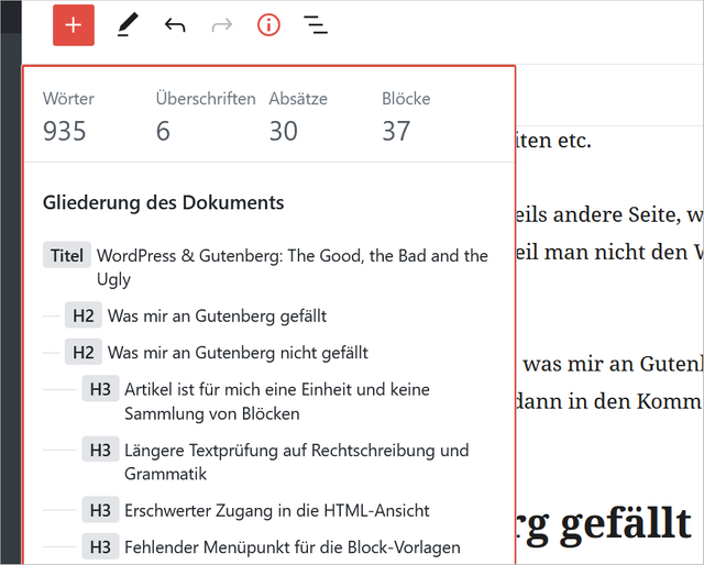 WordPress Gutenberg: Inhaltliche Struktur des Textes im Artikel