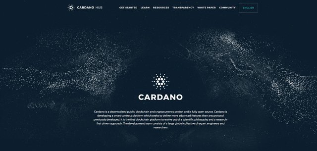 screen shot of the cardano homepage for 5 cryptocurrencies of 2018