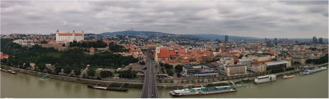 A beautiful view towards the castle and the old town from the UFO in Bratislava