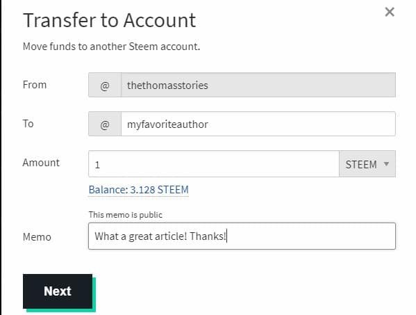 Manually transfer a tip to an author on Steemit