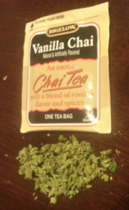 Broken up Marijuana underneath a Chai Tea bag