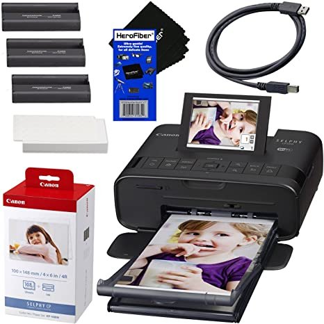 Canon SELPHY CP1300 Desktop or Portable Inkjet Laser Bluetooth Wireless Compact (4x6 Label) Photo Printer (Black) Canon KP-108IN Color Ink Paper Set | Includes USB Printer Cable Gentle Cleaning Cloth Photo