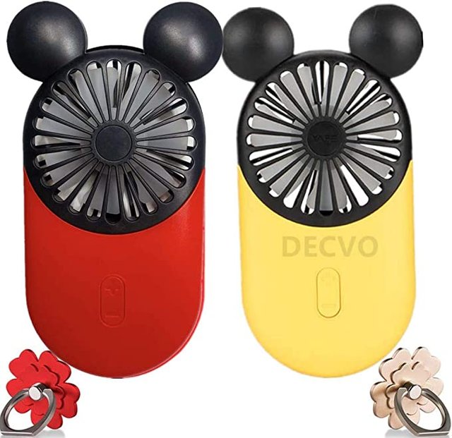 DECVO Cute Personal Mini Fan, Handheld & Portable USB Rechargeable Fan with Beautiful LED Light, 3 Adjustable Speeds, Portable Holder, for Indoor Or Outdoor Activities, Cute Mouse 2 Pack (Red+Yellow) Picture