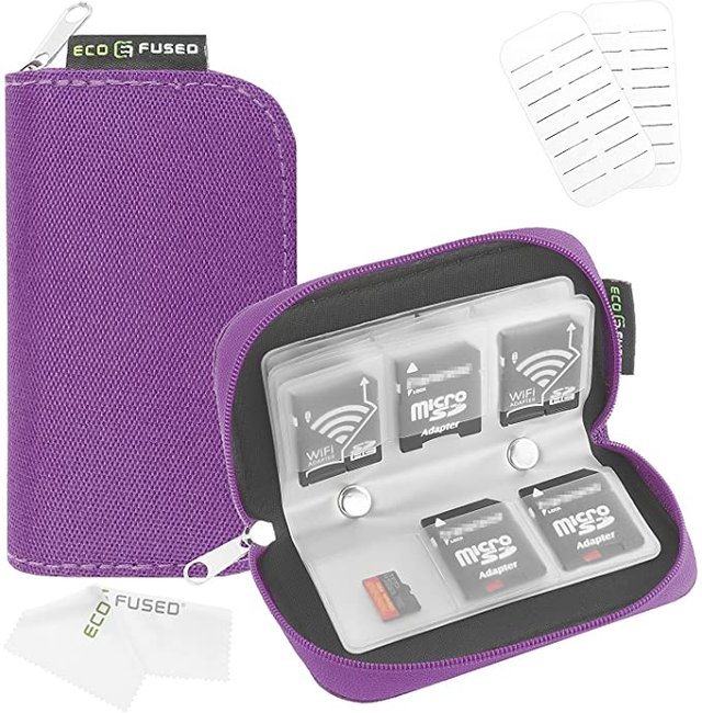 ECO-FUSED Memory Card Case - Fits up to 22x SD, SDHC, Micro SD, Mini SD and 4X CF - Holder with 22 Slots (8 Pages) - for Storage and Travel (Purple) Picture