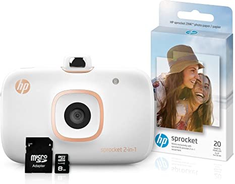 HP Sprocket 2-in-1 Portable Photo Printer & Instant Camera Bundle with 8GB microSD Card and Zink Photo Paper – White (5MS95A) Picture