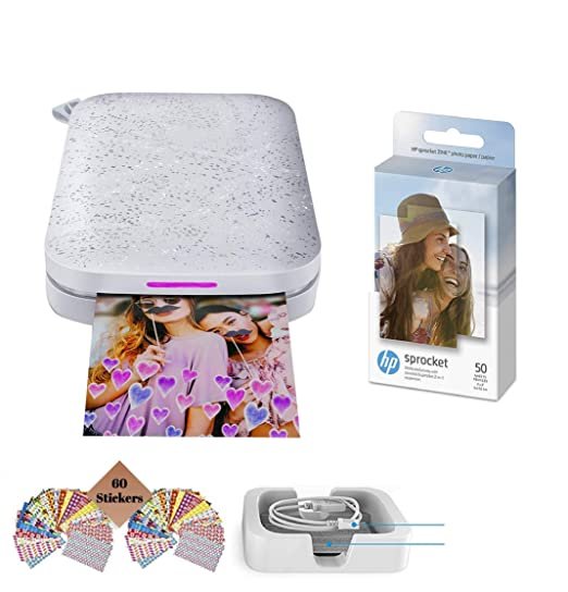 HP Sprocket Photo Printer, (2nd Edition) Print Social Media Photos on 2x3 Sticky-Backed Paper (White) + Photo Paper (50 Sheets) + USB Cable + 60 Decorative Stick-On Border Frames Photo